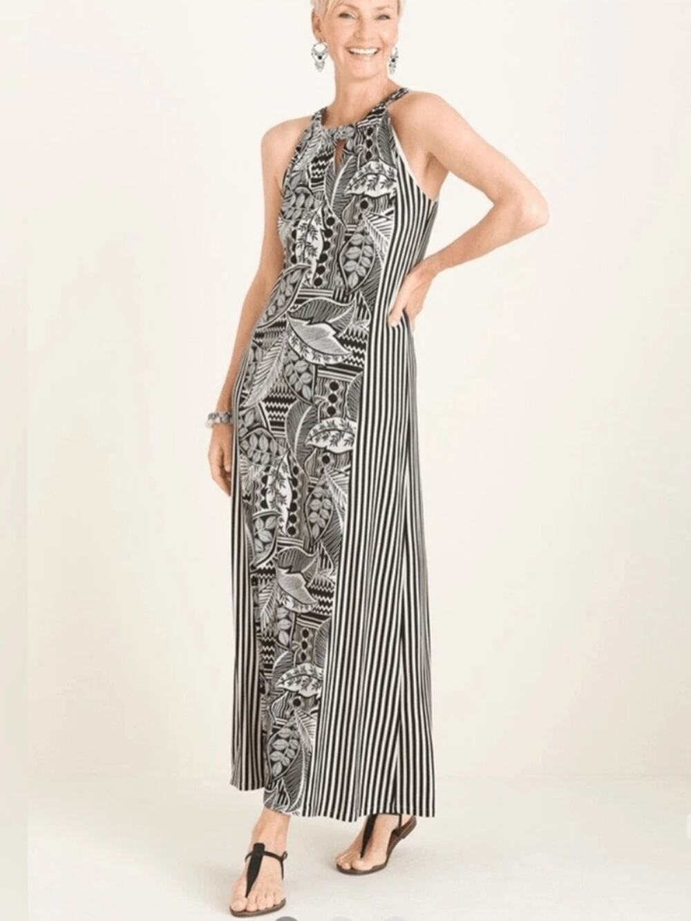 Chico's Floral Tropical Striped Halter Maxi Dress Black White Size 12/14(2)